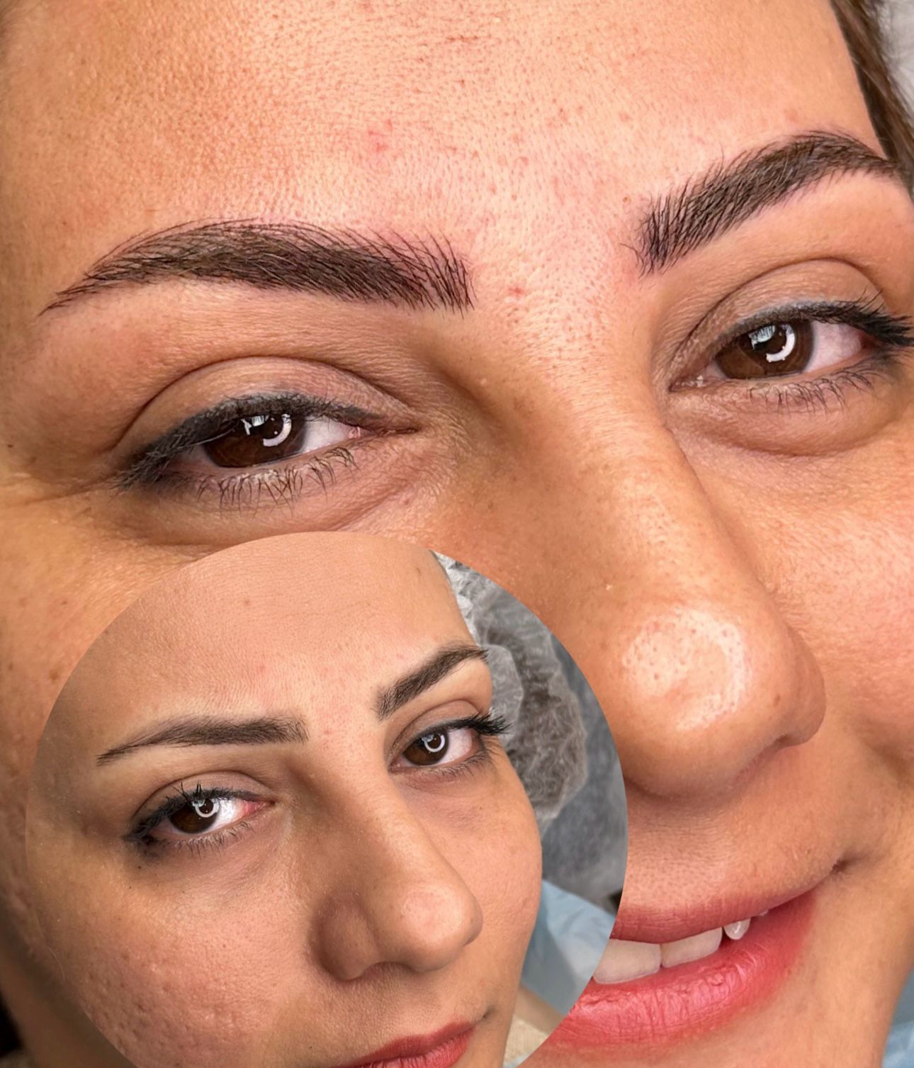 Healed permanent brows close-up with crisp hair strokes