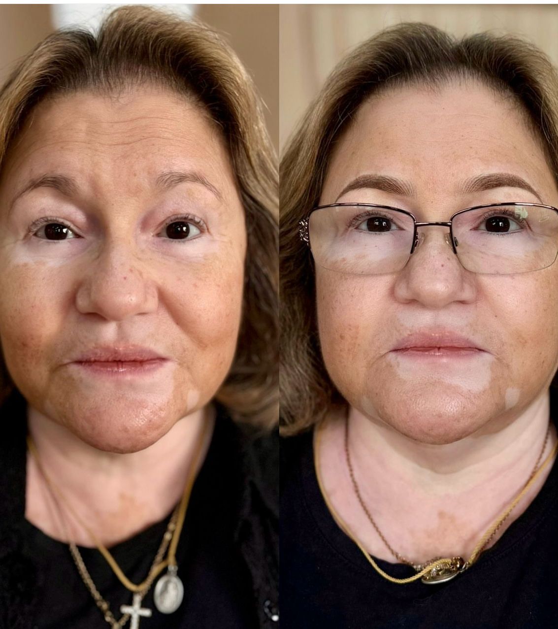 Full-coverage makeup before and after transformation